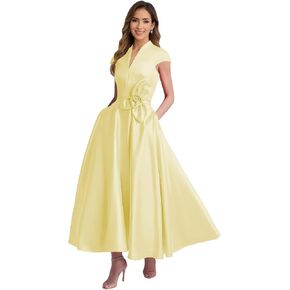 Tea Length Satin Mother of The Bride Dresses for Women A Line V Neck Cap Sleeve Formal Evening Party Gowns in Saudi Arabia