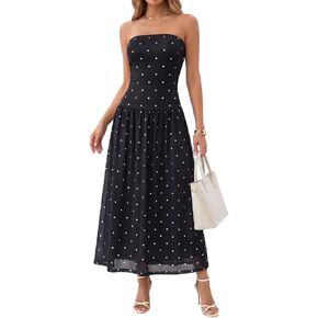 Women's Strapless Tube Polka Dot Dress Flowy Vintage Drop Waist Maxi Vacation Casual Dress Wedding Guest Dresses in Saudi Arabia