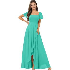 Short Sleeve Chiffon Bridesmaid Dresses for Women Long Square Neck Ruffle Formal Evening Dress with Slit in Saudi Arabia