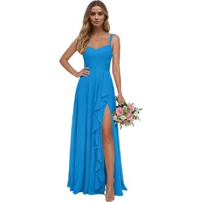 Women's Ruffles Long Bridemaid Dresses with Slit Spaghetti Straps Pleated Chiffon Formal Evening Gown in Saudi Arabia