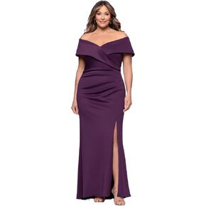 Xscape Women's Scuba Off The Shoulder Ruched Slit Floor Length Dress (Plus) in Kuwait