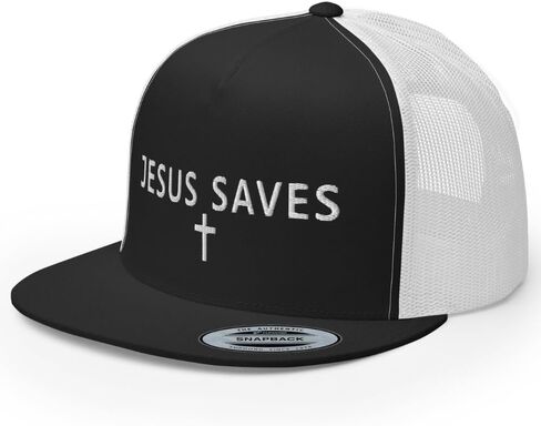 NX Jesus Saves Cross Embroidered Flat Bill Trucker Hat High Crown Adjustable Christian Cap in Kuwait