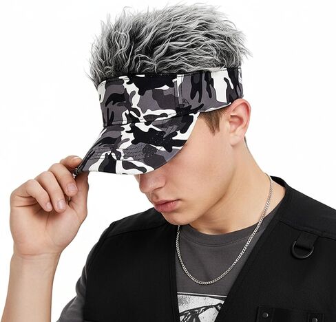Men Visor Hat with Fake Hair Novelty Wig Peaked Baseball Cap Outdoors Adjustable Spiked Golf Sun Visor Funny Headwear in Kuwait