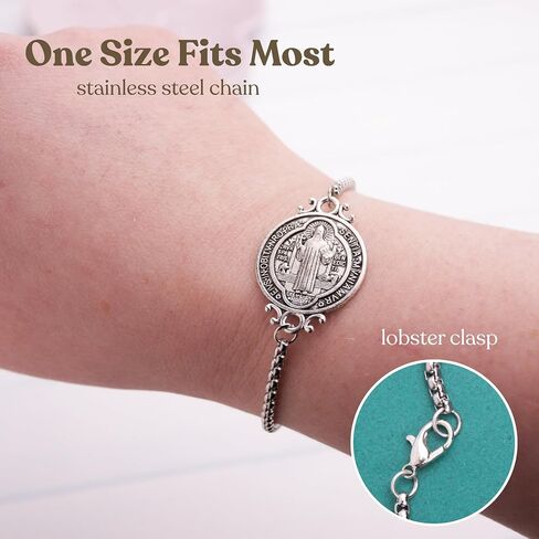 Needzo Saint Benedict Link Bracelet, Double Sided Medal, Stainless Steel Chain, Catholic Jewelry, 7.5 Inches in Saudi Arabia