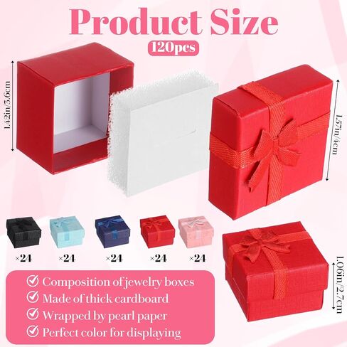 120 PCS Ring Gift Box with Ribbon Bow 1.6 x 1.6 In Earring Gift Box for Proposal Wedding Jewelry Display Soft Foam Inside(Red, Blue, Pink, Black, Dark Blue) in Saudi Arabia