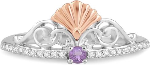 Jewelili Enchanted Disney Fine Jewelry من الفضة الإسترليني والذهب الوردي عيار 10 قيراط مع خاتم أرييل من الألماس والجمشت 1/10 CTTW in Kuwait