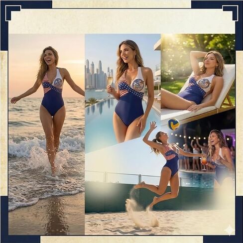 Women's Halter One Piece Swimsuit | Patriotic American Flag Swimwear for Beach & Pool, 250th Anniversary Edition in Saudi Arabia