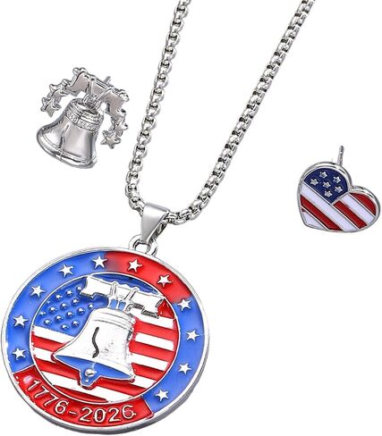 US Independence Day Jewelry Set for Women - 1776-2026 Liberty Bell Pendant Necklace & American Flag Heart Earrings Red White Blue Patriotic 4th of July Jewelry Enamel USA Pride Accessory in Saudi Arabia