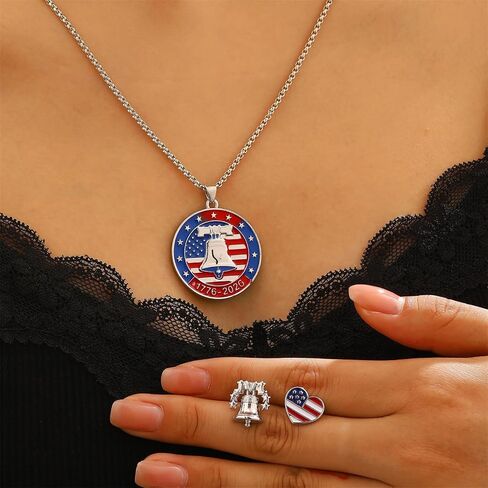 US Independence Day Jewelry Set for Women - 1776-2026 Liberty Bell Pendant Necklace & American Flag Heart Earrings Red White Blue Patriotic 4th of July Jewelry Enamel USA Pride Accessory in Saudi Arabia