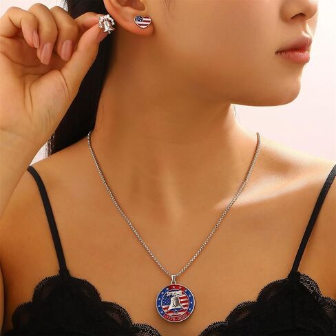 US Independence Day Jewelry Set for Women - 1776-2026 Liberty Bell Pendant Necklace & American Flag Heart Earrings Red White Blue Patriotic 4th of July Jewelry Enamel USA Pride Accessory in Saudi Arabia