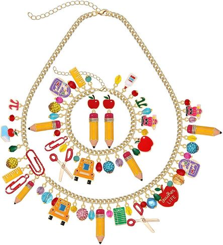 ZOLEAROPY Back to School Necklace Bracelet Earrings Set School Teacher Pencil Apple Scissor Charm Chunky Statement Necklace Bracelets Apple Pencil Earrings Teacher’s Day Appreciation Gifts in Kuwait