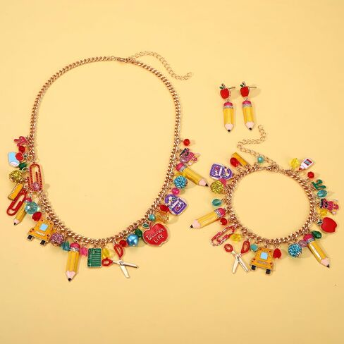 ZOLEAROPY Back to School Necklace Bracelet Earrings Set School Teacher Pencil Apple Scissor Charm Chunky Statement Necklace Bracelets Apple Pencil Earrings Teacher’s Day Appreciation Gifts in Kuwait