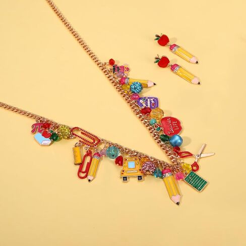 ZOLEAROPY Back to School Necklace Bracelet Earrings Set School Teacher Pencil Apple Scissor Charm Chunky Statement Necklace Bracelets Apple Pencil Earrings Teacher’s Day Appreciation Gifts in Kuwait