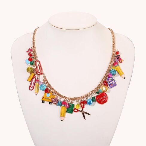 ZOLEAROPY Back to School Necklace Bracelet Earrings Set School Teacher Pencil Apple Scissor Charm Chunky Statement Necklace Bracelets Apple Pencil Earrings Teacher’s Day Appreciation Gifts in Kuwait
