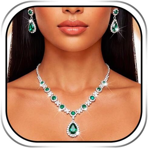 Sixexey Rhinestone Jewelry Set Silver and Green Crystal Necklace Earrings Wedding Prom Jewelry Accessories for Women in Saudi Arabia