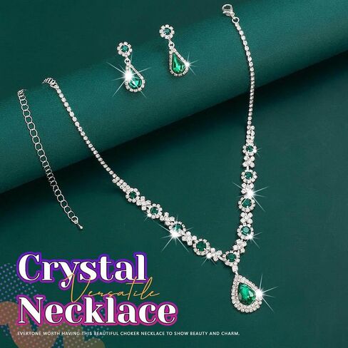 Sixexey Rhinestone Jewelry Set Silver and Green Crystal Necklace Earrings Wedding Prom Jewelry Accessories for Women in Saudi Arabia