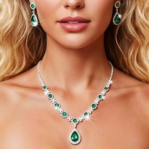 Sixexey Rhinestone Jewelry Set Silver and Green Crystal Necklace Earrings Wedding Prom Jewelry Accessories for Women in Saudi Arabia