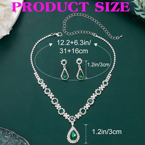 Sixexey Rhinestone Jewelry Set Silver and Green Crystal Necklace Earrings Wedding Prom Jewelry Accessories for Women in Saudi Arabia