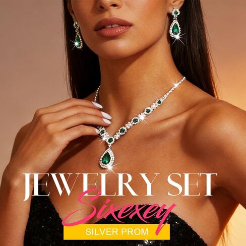 Sixexey Rhinestone Jewelry Set Silver and Green Crystal Necklace Earrings Wedding Prom Jewelry Accessories for Women in Saudi Arabia
