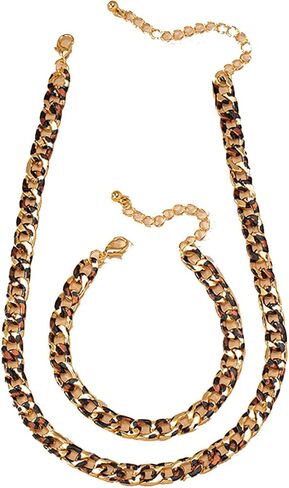 PLOUTOS Leopard print Tortoise Shell Inlay Curb Chain Necklace Bracelet Set For Women Chunky Acrylic Alloy Jewelry Adjustable Choker Bangle Fashion Gift in Saudi Arabia