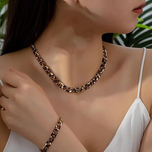 PLOUTOS Leopard print Tortoise Shell Inlay Curb Chain Necklace Bracelet Set For Women Chunky Acrylic Alloy Jewelry Adjustable Choker Bangle Fashion Gift in Saudi Arabia