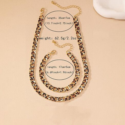PLOUTOS Leopard print Tortoise Shell Inlay Curb Chain Necklace Bracelet Set For Women Chunky Acrylic Alloy Jewelry Adjustable Choker Bangle Fashion Gift in Saudi Arabia