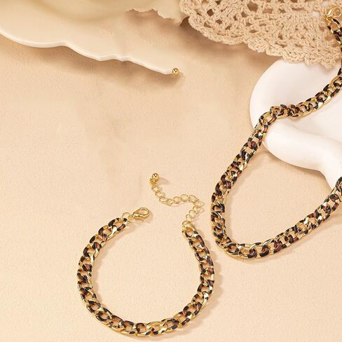 PLOUTOS Leopard print Tortoise Shell Inlay Curb Chain Necklace Bracelet Set For Women Chunky Acrylic Alloy Jewelry Adjustable Choker Bangle Fashion Gift in Saudi Arabia