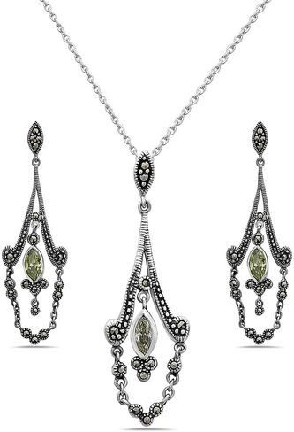 Sterling Silver Marcasite Peridot Green Marquise CZ Dangle Drape Earring and Pendant Set 16" Chain in Saudi Arabia