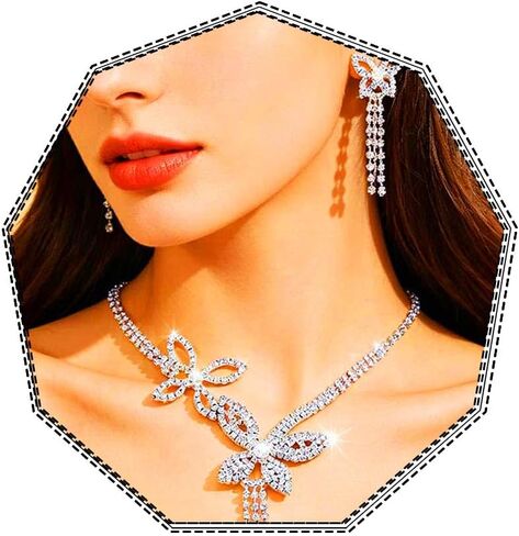 Rhinestone Butterfly Necklace Sets Silver Necklaces Jewelry | Bling Diamond Prom Pendant Necklaces Chain and Earrings Jewelry set in Saudi Arabia