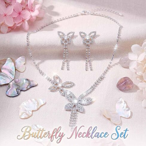 Rhinestone Butterfly Necklace Sets Silver Necklaces Jewelry | Bling Diamond Prom Pendant Necklaces Chain and Earrings Jewelry set in Saudi Arabia