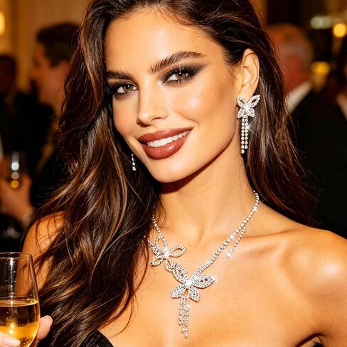 Rhinestone Butterfly Necklace Sets Silver Necklaces Jewelry | Bling Diamond Prom Pendant Necklaces Chain and Earrings Jewelry set in Saudi Arabia