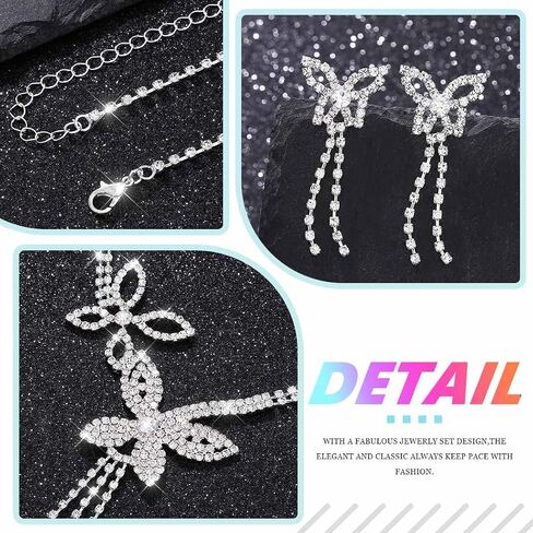 Rhinestone Butterfly Necklace Sets Silver Necklaces Jewelry | Bling Diamond Prom Pendant Necklaces Chain and Earrings Jewelry set in Saudi Arabia