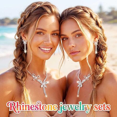 Rhinestone Butterfly Necklace Sets Silver Necklaces Jewelry | Bling Diamond Prom Pendant Necklaces Chain and Earrings Jewelry set in Saudi Arabia