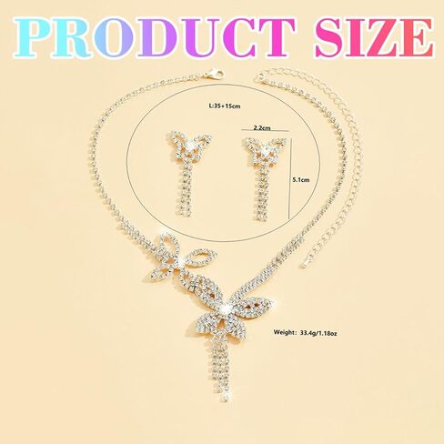 Rhinestone Butterfly Necklace Sets Silver Necklaces Jewelry | Bling Diamond Prom Pendant Necklaces Chain and Earrings Jewelry set in Saudi Arabia
