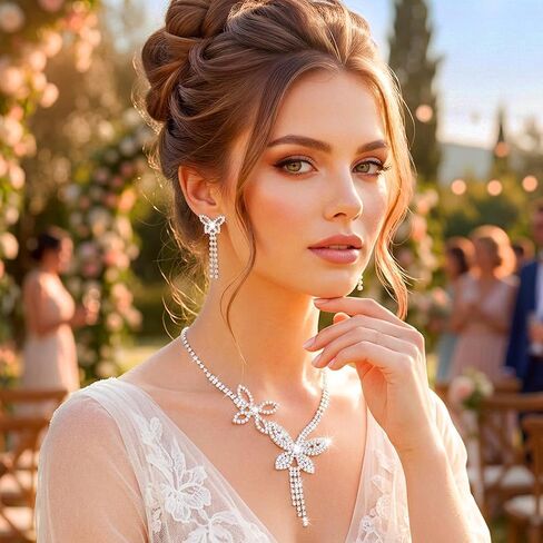 Rhinestone Butterfly Necklace Sets Silver Necklaces Jewelry | Bling Diamond Prom Pendant Necklaces Chain and Earrings Jewelry set in Saudi Arabia