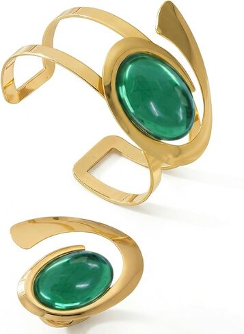 Gold Open Bracelet Ring Set, Exaggerated Oval Green Acrylic Jewelry Set, Trendy Statement Bracelet and Ring for Women, Fashion Party Accessory in Saudi Arabia