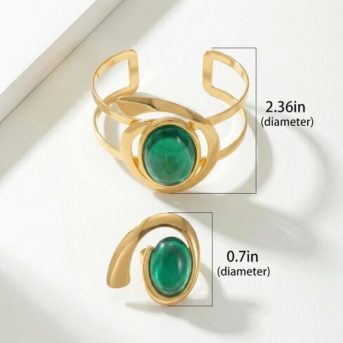 Gold Open Bracelet Ring Set, Exaggerated Oval Green Acrylic Jewelry Set, Trendy Statement Bracelet and Ring for Women, Fashion Party Accessory in Saudi Arabia