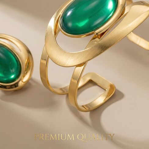 Gold Open Bracelet Ring Set, Exaggerated Oval Green Acrylic Jewelry Set, Trendy Statement Bracelet and Ring for Women, Fashion Party Accessory in Saudi Arabia