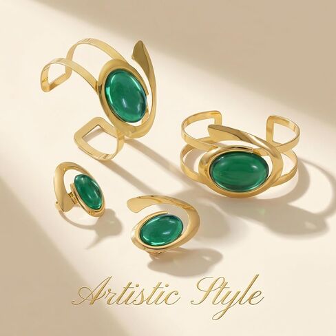 Gold Open Bracelet Ring Set, Exaggerated Oval Green Acrylic Jewelry Set, Trendy Statement Bracelet and Ring for Women, Fashion Party Accessory in Saudi Arabia
