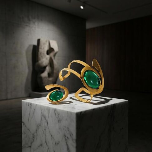 Gold Open Bracelet Ring Set, Exaggerated Oval Green Acrylic Jewelry Set, Trendy Statement Bracelet and Ring for Women, Fashion Party Accessory in Saudi Arabia