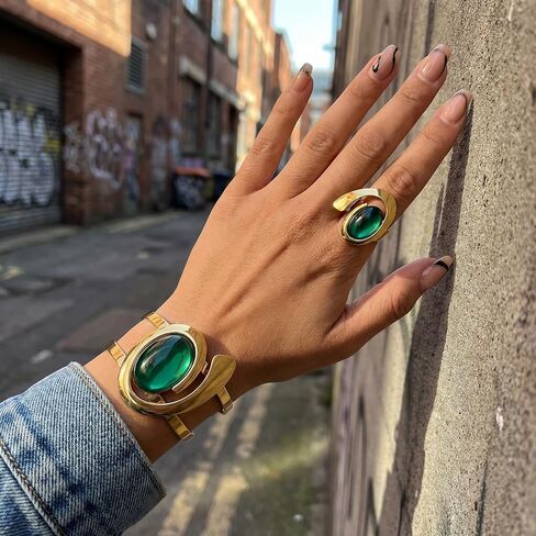 Gold Open Bracelet Ring Set, Exaggerated Oval Green Acrylic Jewelry Set, Trendy Statement Bracelet and Ring for Women, Fashion Party Accessory in Saudi Arabia