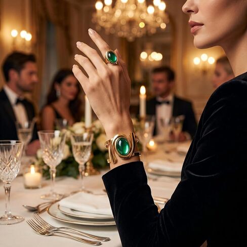 Gold Open Bracelet Ring Set, Exaggerated Oval Green Acrylic Jewelry Set, Trendy Statement Bracelet and Ring for Women, Fashion Party Accessory in Saudi Arabia