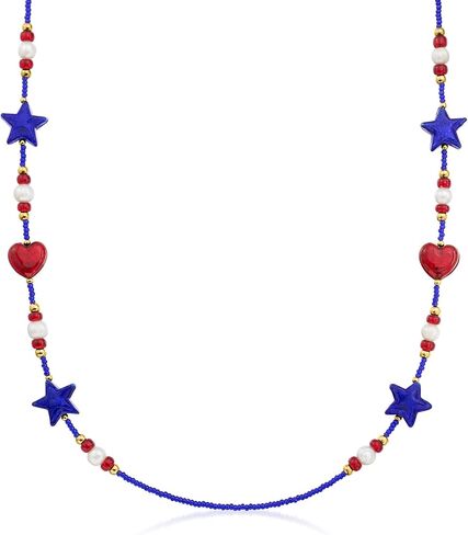 Ross-Simons Italian Red and Blue Murano Glass Patriotic Bead and 6.5-7mm Cultured Pearl Necklace With 18kt Gold Over Sterling. 24 inches in Kuwait