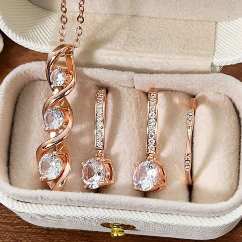 Rose Gold Color Cubic Zirconia Necklace Earrings and Ring Set Jewelry for Women in Kuwait