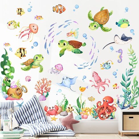Under the Sea Wall Decals - Cute Sea Turtle Ocean Fish Seaweed Octopus Wall Stickers for Kids Baby Nursery Toddlers Bedroom Bathroom Playroom Decor in Kuwait