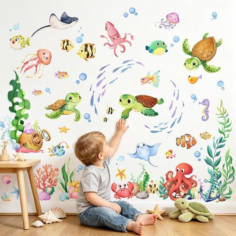 Under the Sea Wall Decals - Cute Sea Turtle Ocean Fish Seaweed Octopus Wall Stickers for Kids Baby Nursery Toddlers Bedroom Bathroom Playroom Decor in Kuwait