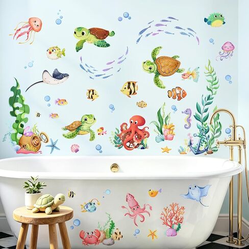 Under the Sea Wall Decals - Cute Sea Turtle Ocean Fish Seaweed Octopus Wall Stickers for Kids Baby Nursery Toddlers Bedroom Bathroom Playroom Decor in Kuwait