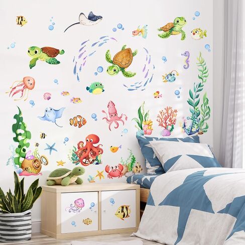 Under the Sea Wall Decals - Cute Sea Turtle Ocean Fish Seaweed Octopus Wall Stickers for Kids Baby Nursery Toddlers Bedroom Bathroom Playroom Decor in Kuwait