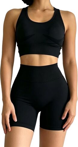 Women's Seamless Yoga Suit Set With Chest Cushion 2-Piece Set High Waist And Hip Lifting Quick Drying Exercise Set in Saudi Arabia