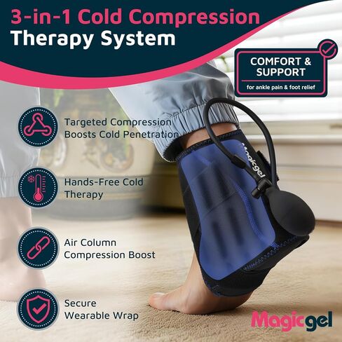 Magic Gel Compression Ankle Ice Pack Wrap – Ice Pack for Ankle Sprain, Swelling, Heel Pain & Achilles Tendonitis – Cold Therapy Wrap for Ankle, Heel & Foot with Air Pump Compression, 2 Extra Gel Packs in Saudi Arabia